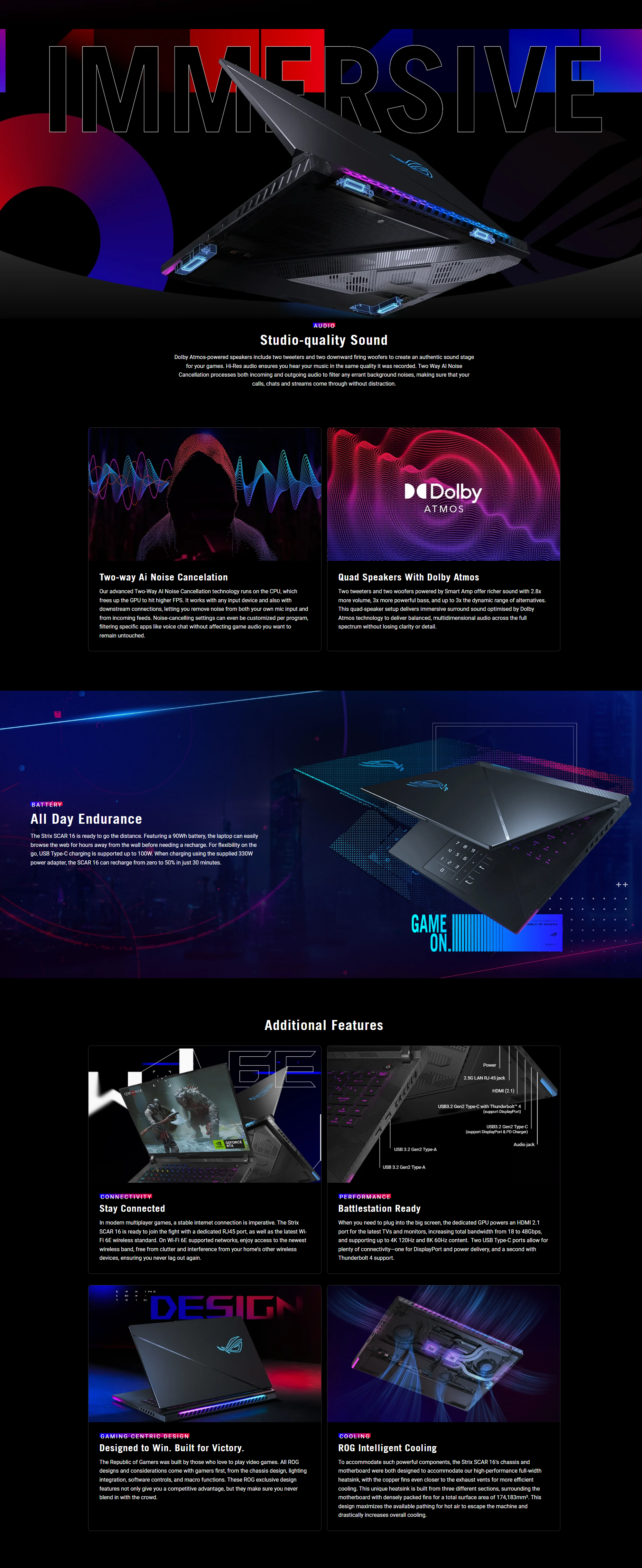 A large marketing image providing additional information about the product ASUS ROG Strix SCAR 16 (G634) - 16" 240Hz, 14th Gen i9, RTX 4080, 32GB/1TB - Win 11 Gaming Notebook - Additional alt info not provided